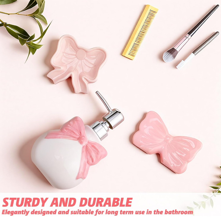 Sweet Pink Bow Ceramic Bathroom Accessories Set 3 Pcs