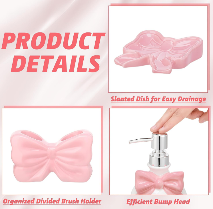 Sweet Pink Bow Ceramic Bathroom Accessories Set 3 Pcs