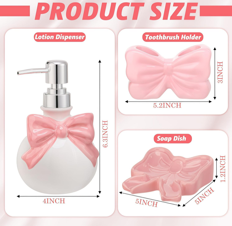 Sweet Pink Bow Ceramic Bathroom Accessories Set 3 Pcs