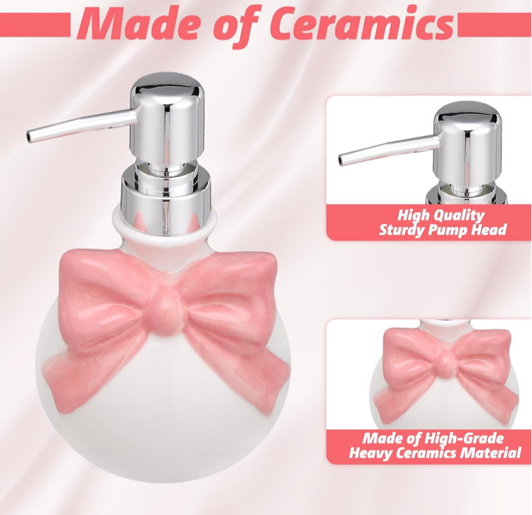 Sweet Pink Bow Ceramic Bathroom Accessories Set 3 Pcs