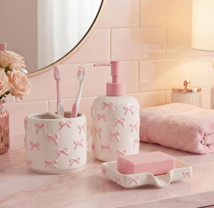 Sweet Pink Bow Ceramic Bathroom Accessories Set 3 Pcs
