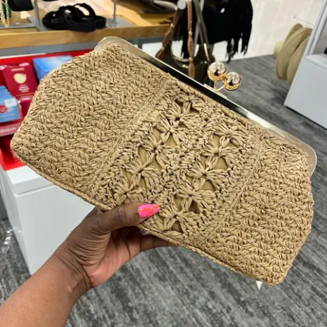 Straw Kiss Lock Clutch Bag