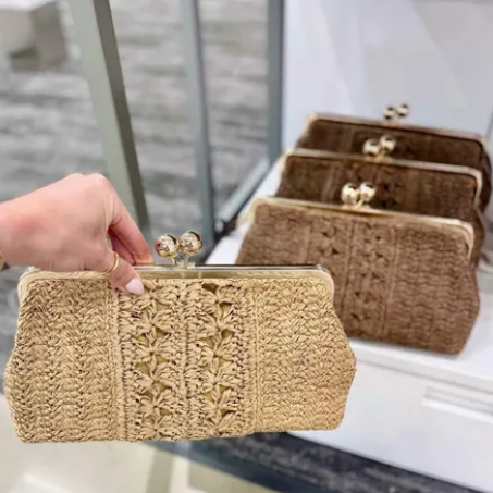 Straw Kiss Lock Clutch Bag