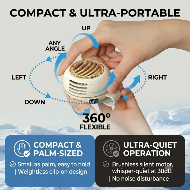 Clip On Fan - Bladeless Rechargeable Mini Cooling Fan 360 Rotatable Head