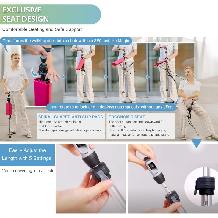 Adjustable Height Walking Stick with Seat