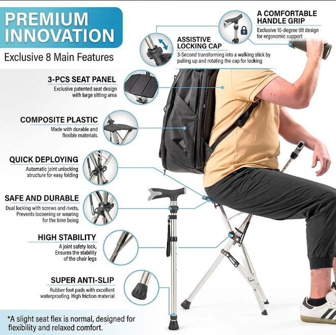 Adjustable Height Walking Stick with Seat