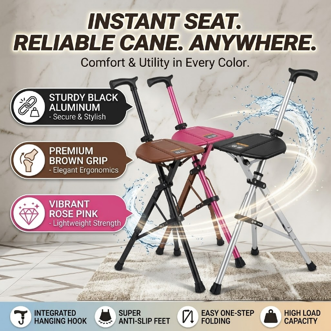 Adjustable Height Walking Stick with Seat