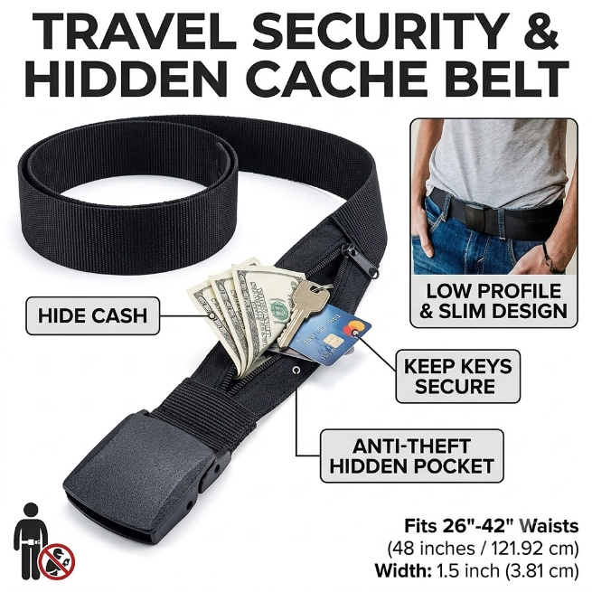 Anti-Theft Money Belt with Secret Hidden Zipper