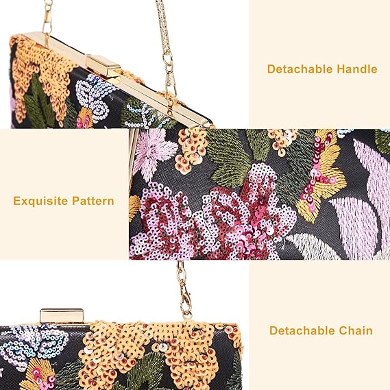 Embroidered Sequin Floral Clutch Bag