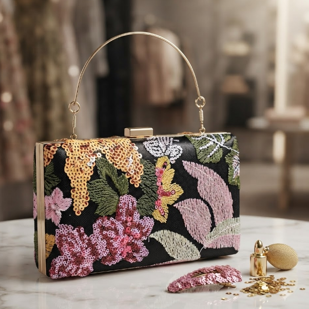 Embroidered Sequin Floral Clutch Bag