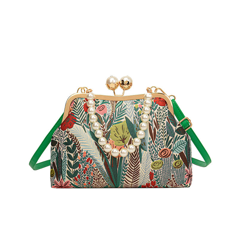 Embroidered Retro Pearl Chain Crossbody Bag