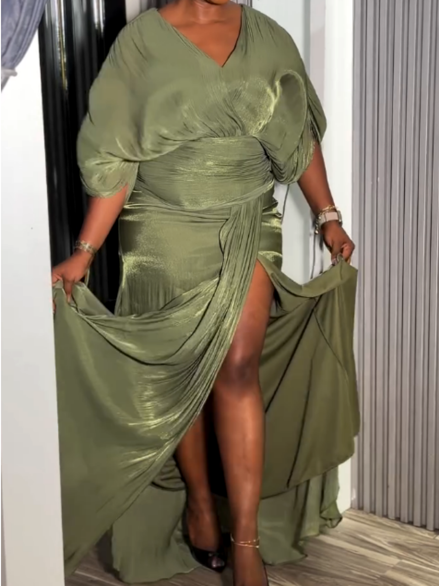 Olive High-slit V-neck Maxi Occasion dress