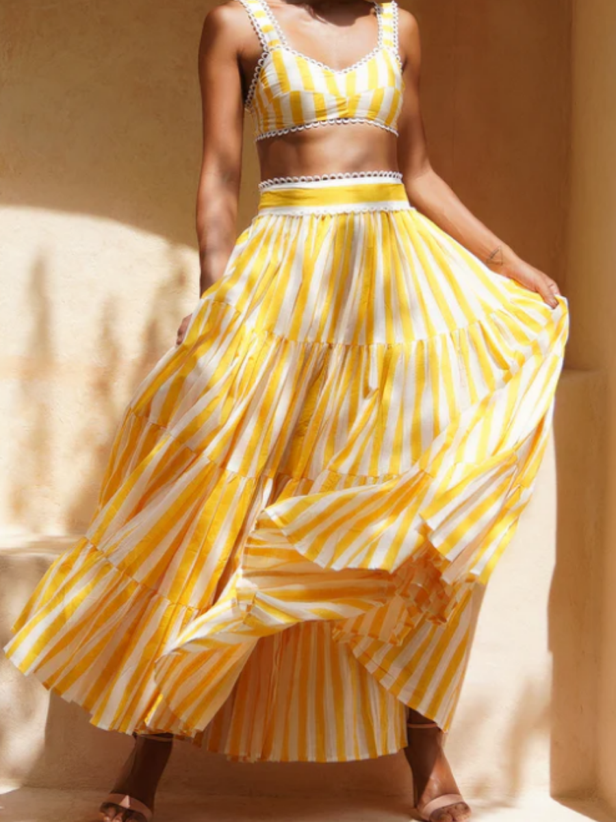 Yellow Stripe Vacation 2pc Maxi Skirts Set