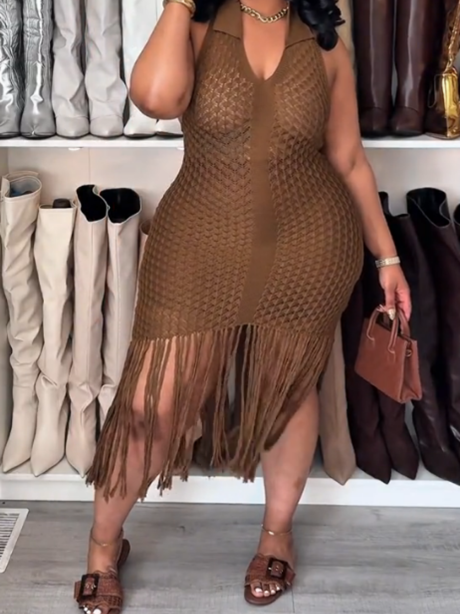 Halter Crochet tassel Sexy Backless Sleeveless Vacation Maxi Dress
