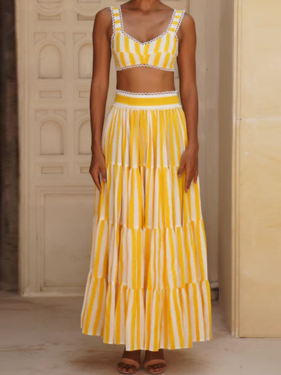 Yellow Stripe Vacation 2pc Maxi Skirts Set