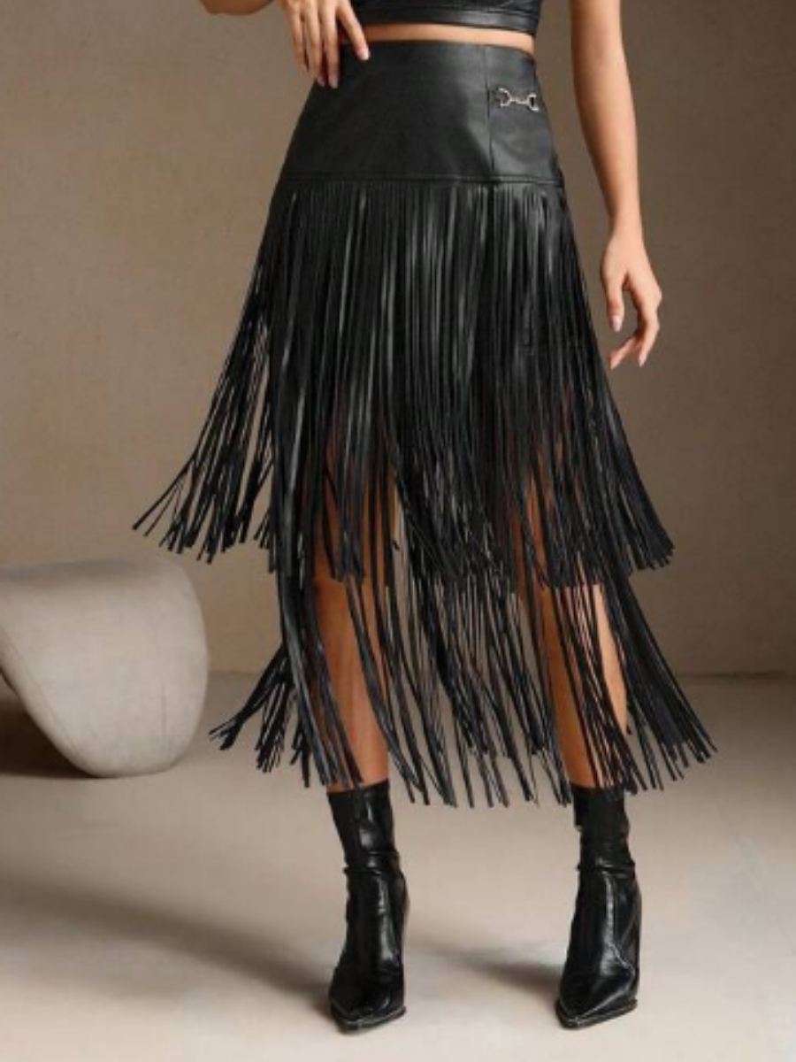 Faux Leather Tassel Midi Skirt
