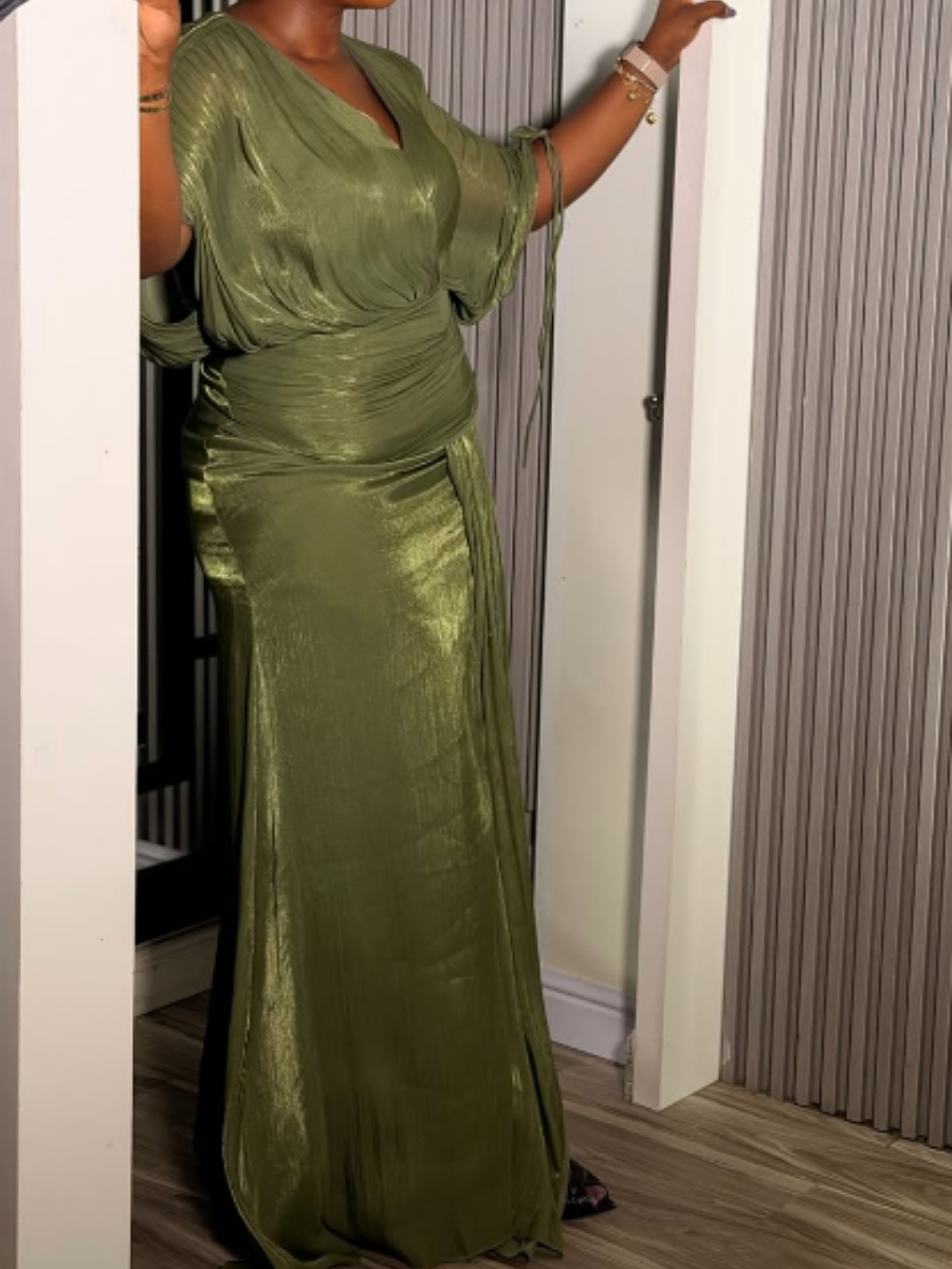 Olive High-slit V-neck Maxi Occasion dress
