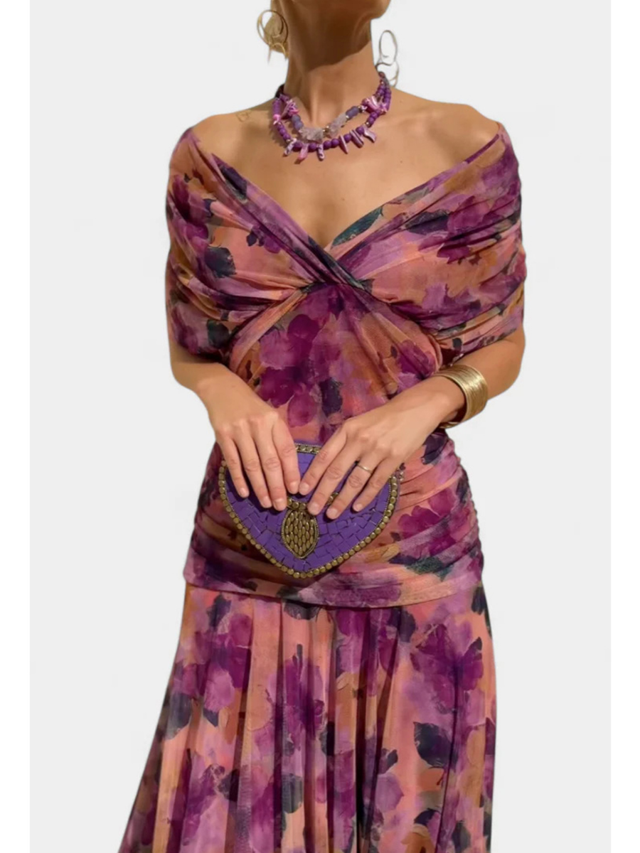 Classic V-Neck Waisted Mesh Holiday Maxi Dress