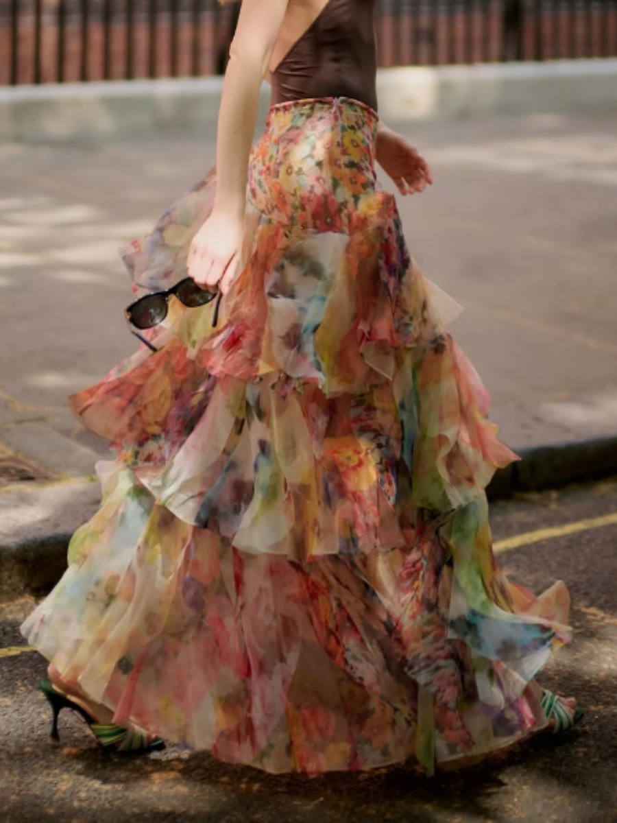 Fanned Foral Maxi Skirt