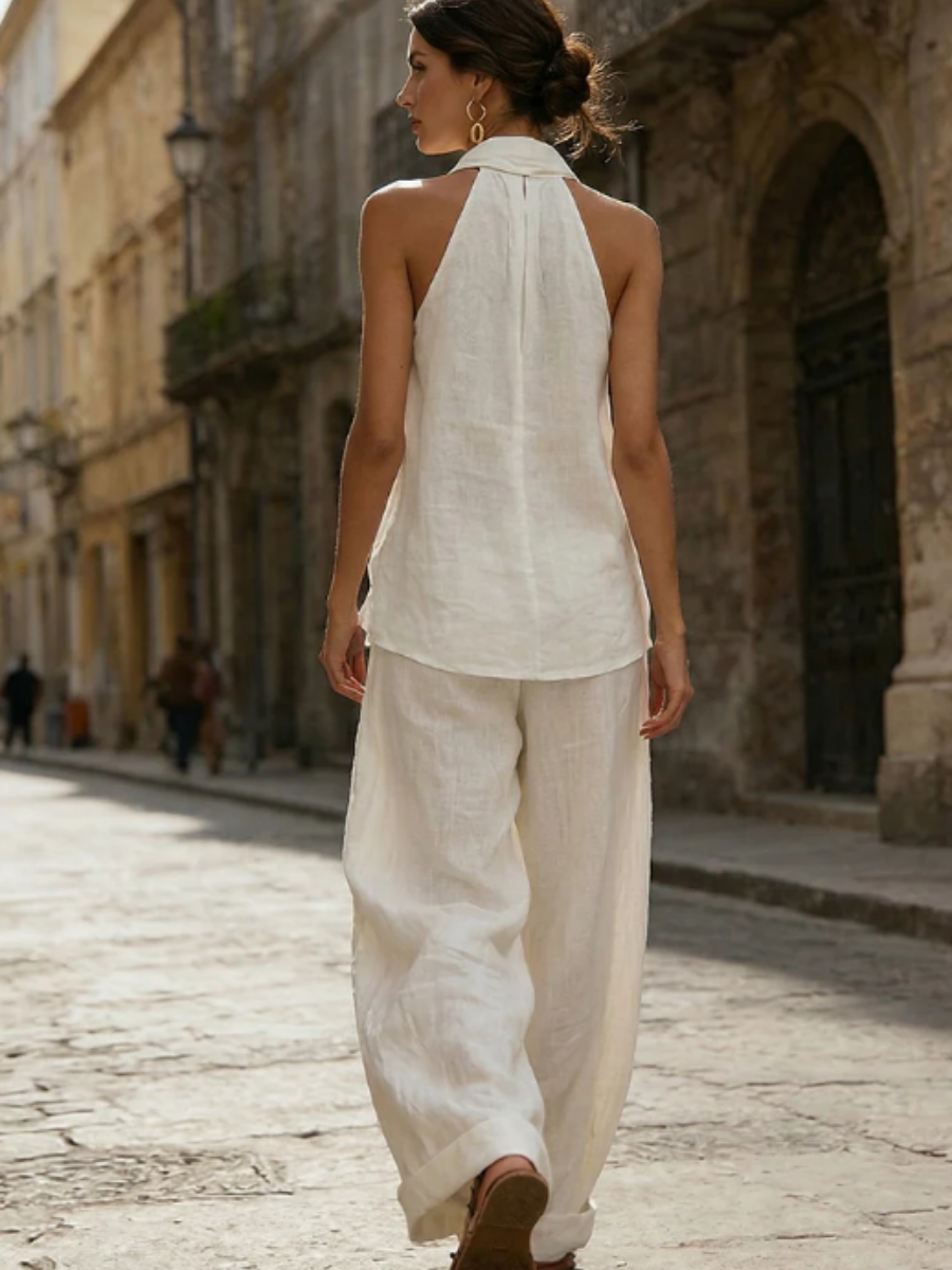 Linen V-neck Tank Top Pants Set