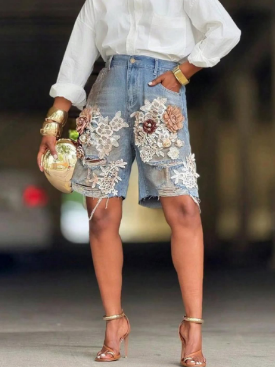 3D Flower Denim Shorts In Stock
