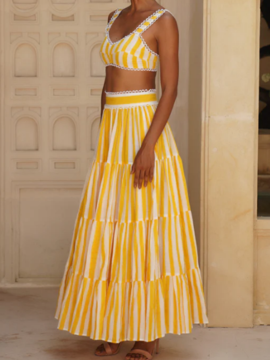 Yellow Stripe Vacation 2pc Maxi Skirts Set