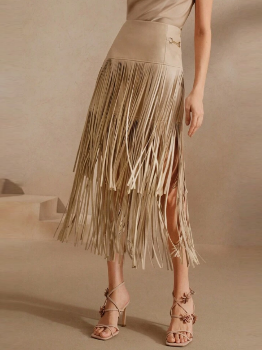 Faux Leather Tassel Midi Skirt