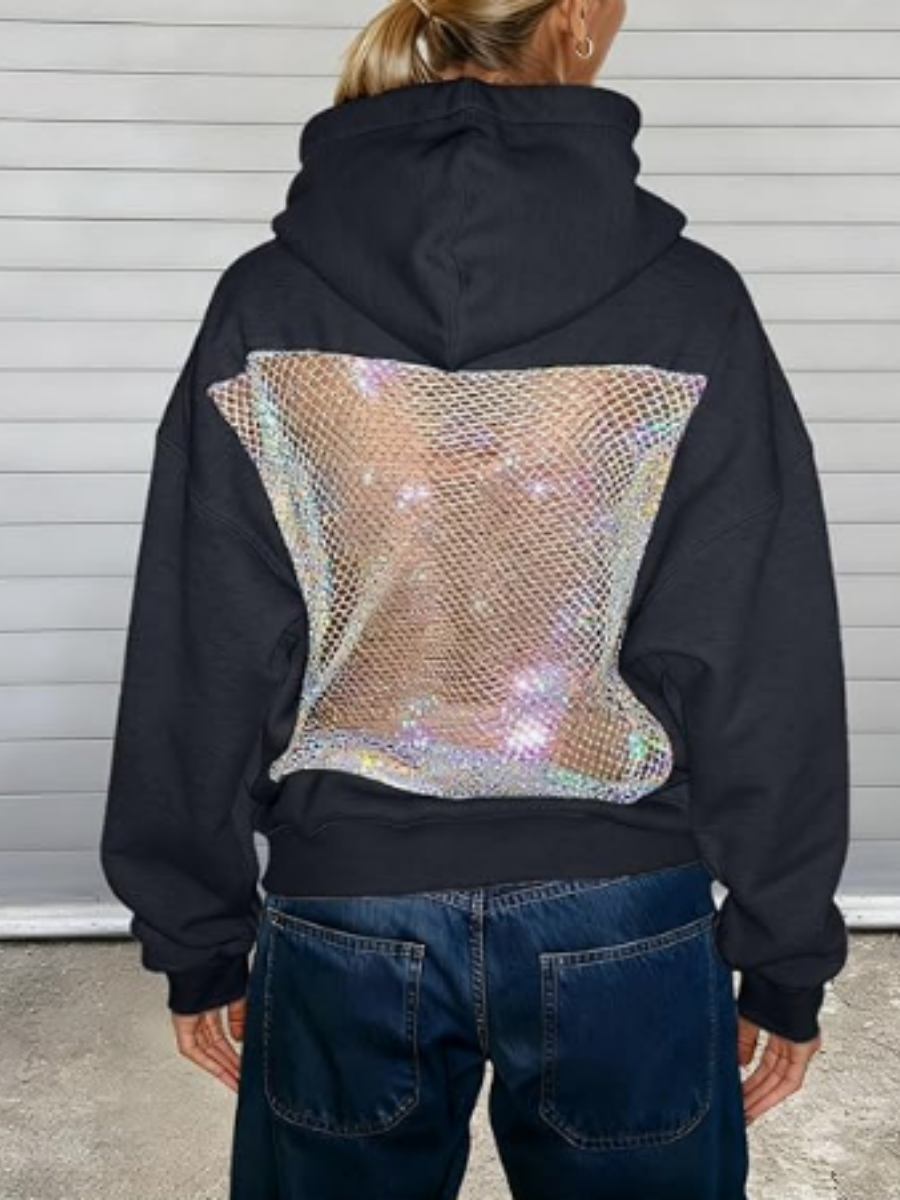 Hoodie Sweatshirt Sexy See Through Back Top Set