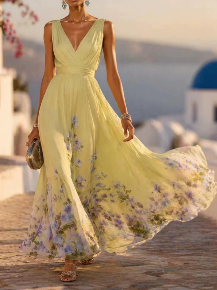 V-neckline Chiffon Printed Dress