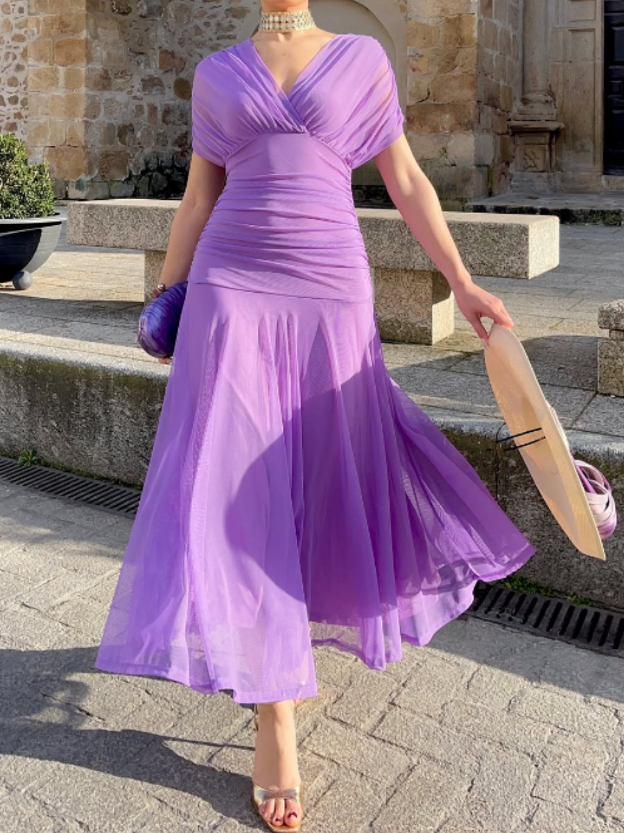 Classic V-Neck Waisted Mesh Holiday Maxi Dress