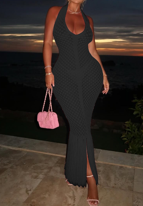 Halter Crochet tassel Sexy Backless Sleeveless Vacation Maxi Dress