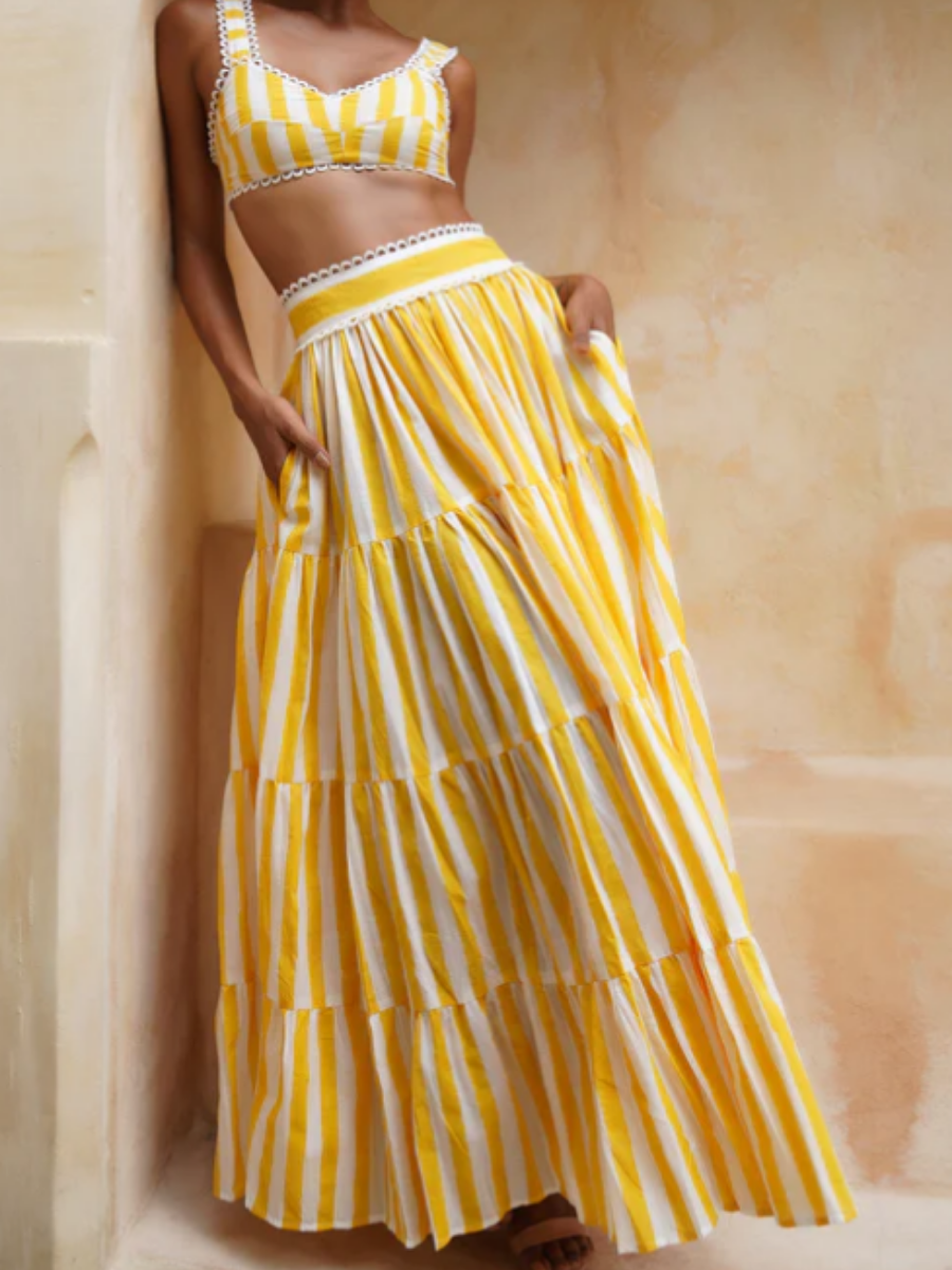 Yellow Stripe Vacation 2pc Maxi Skirts Set