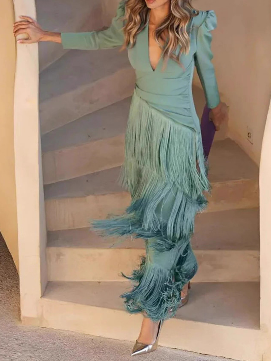 Elegant Tassel Ruched Midi Dress