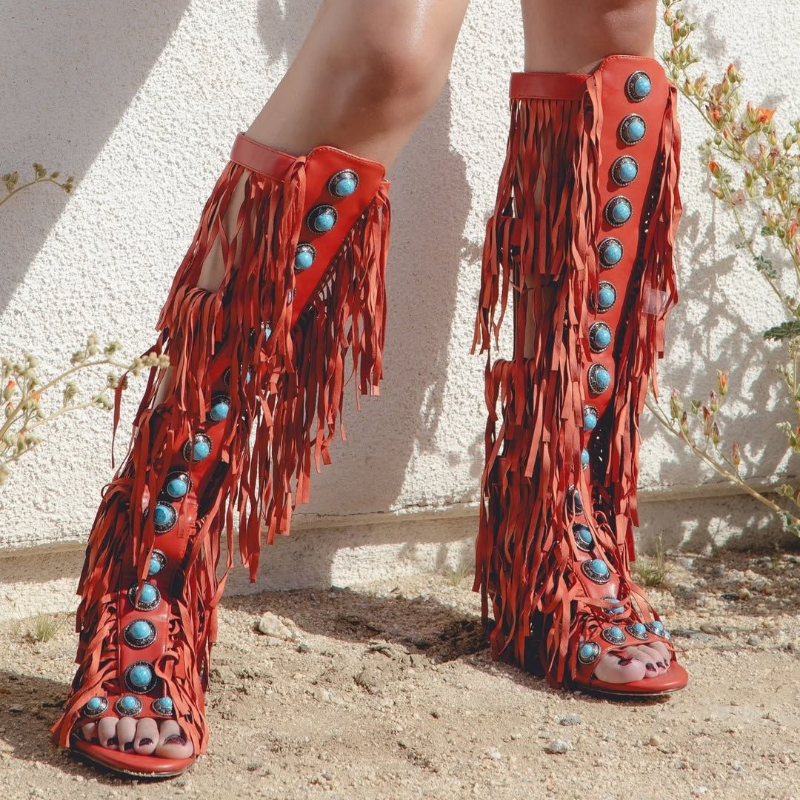 Knee High Fringe Sandals