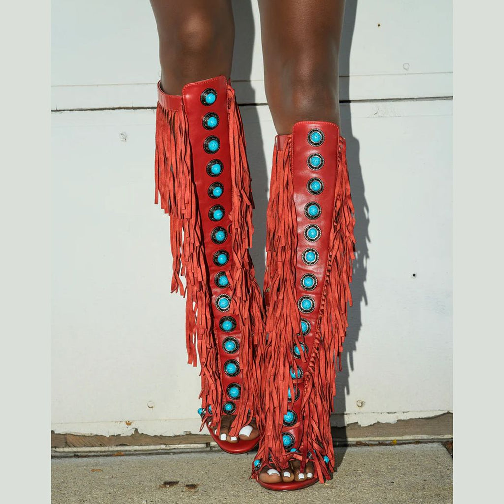 Knee High Fringe Sandals