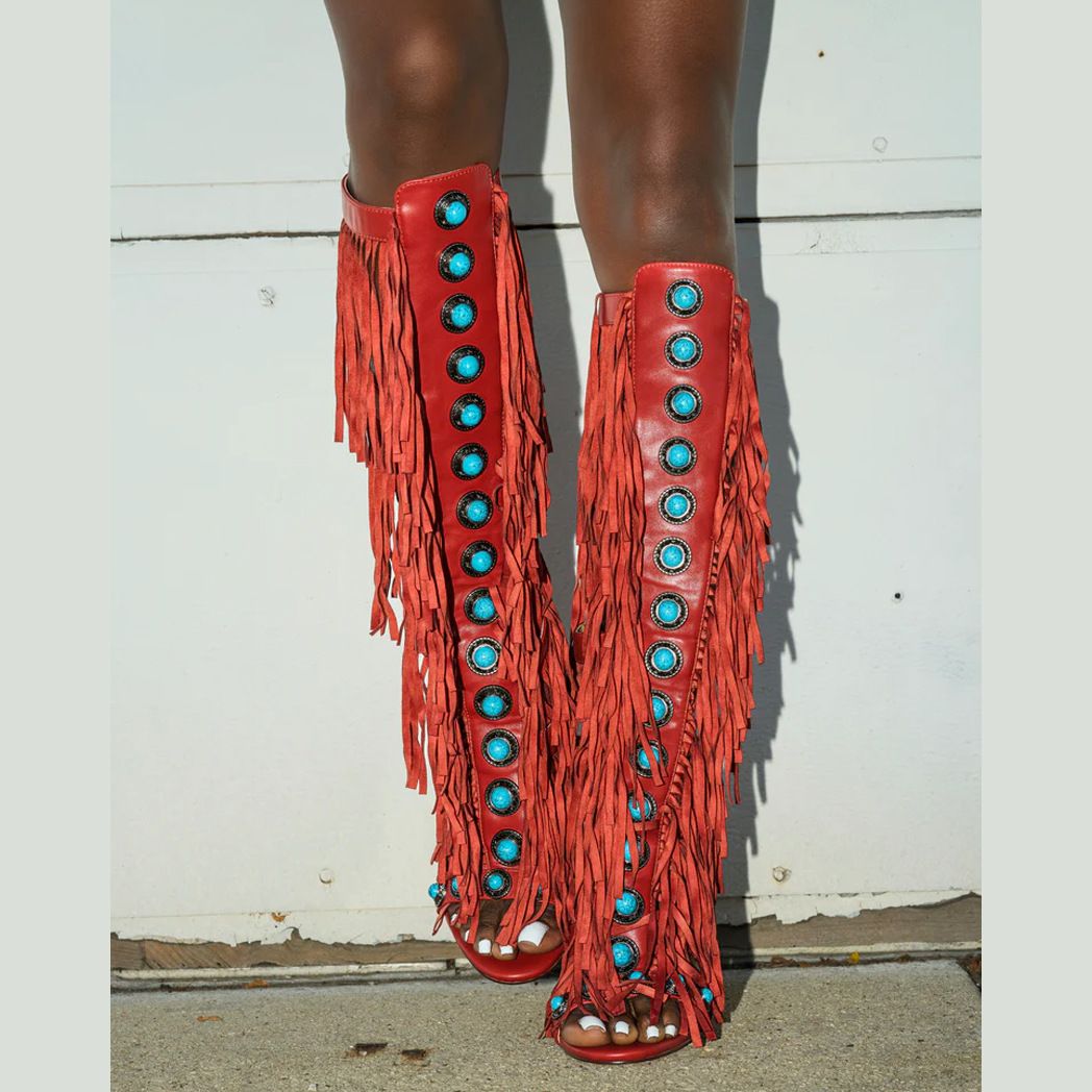 Knee High Fringe Sandals