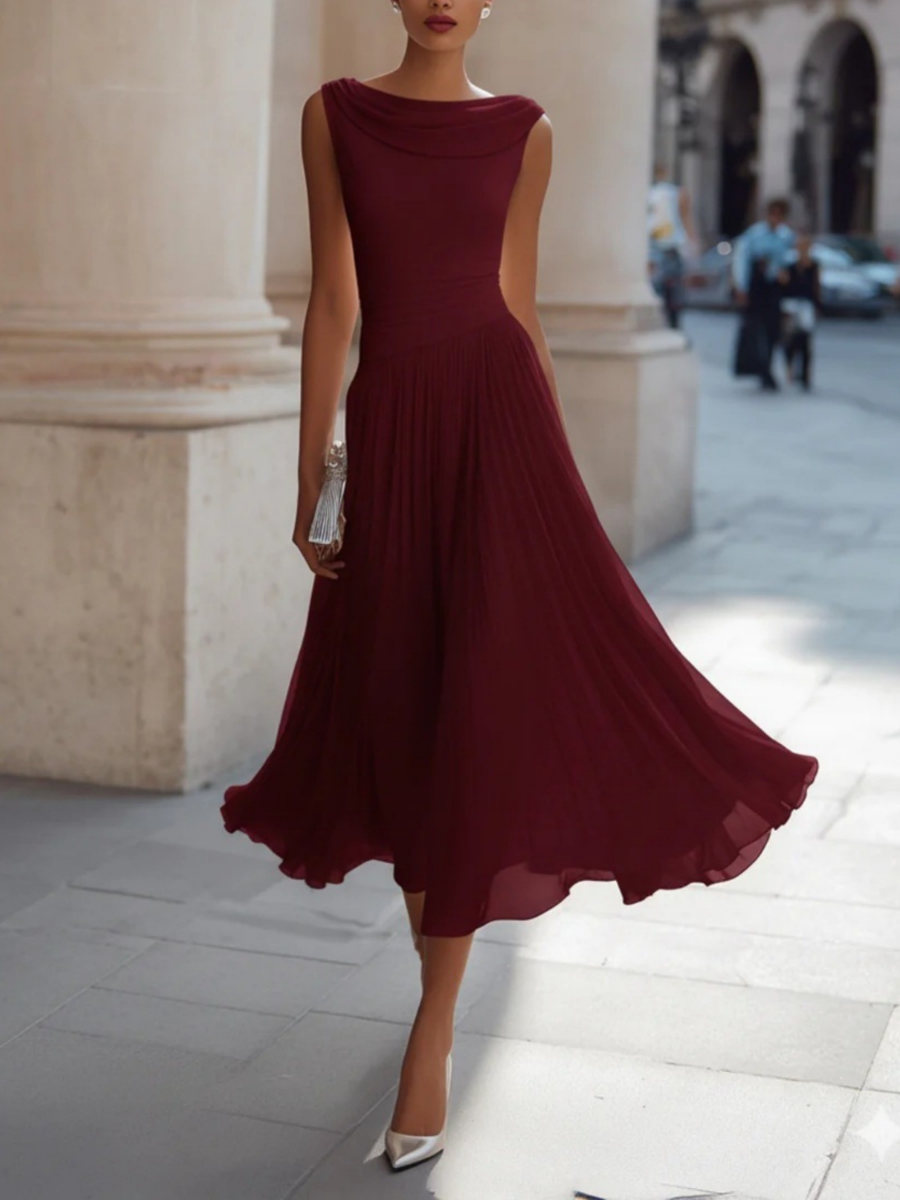 Classic Draped Neck Chiffon Midi Dress