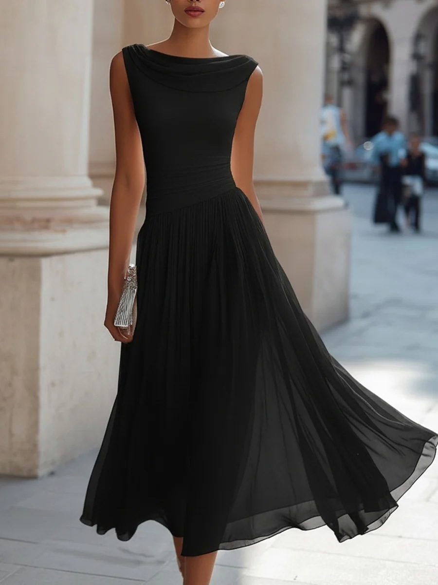 Classic Draped Neck Chiffon Midi Dress