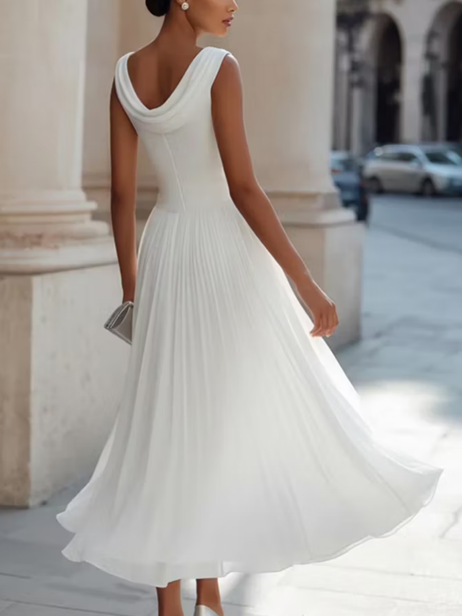 Classic Draped Neck Chiffon Midi Dress