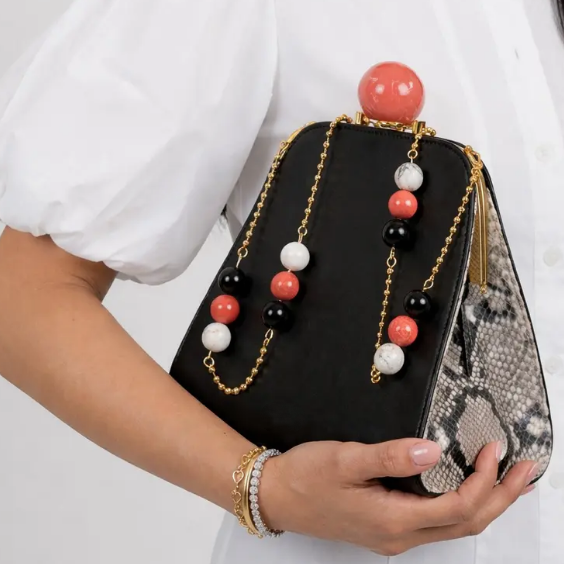 Statement Ball-Clasp Snake-Print Crossbody Bag