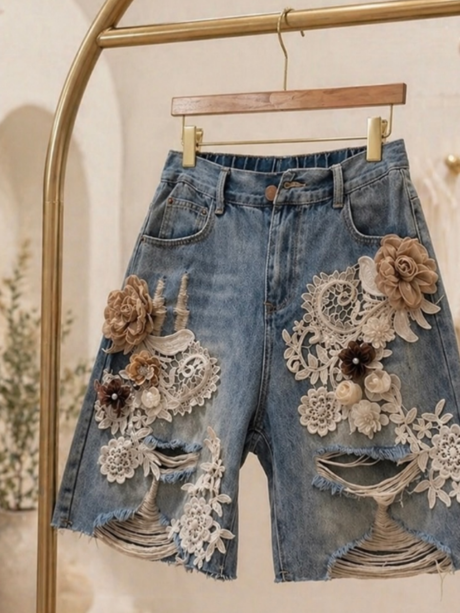 3D Flower Denim Shorts In Stock