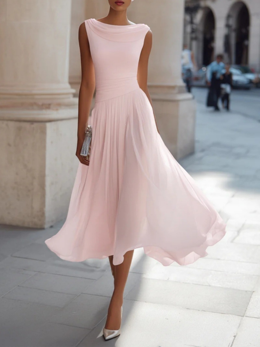 Classic Draped Neck Chiffon Midi Dress